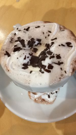 Small hot chocolate with almond milk, cream, marshmallows and chocolate  at Cafe Thrive in Southampton