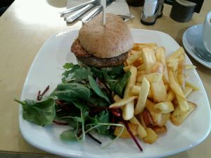 meaty burger with tempeh  at Cafe Thrive in Southampton