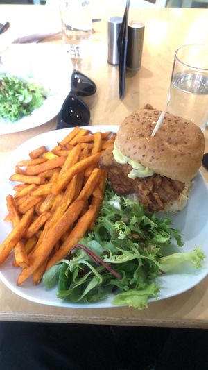 Chicken Burger with Sweet Potato Fries at Cafe Thrive in Southampton