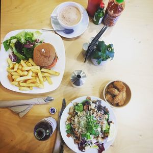 burger, Caesar salad, "chicken" nuggets at Cafe Thrive in Southampton