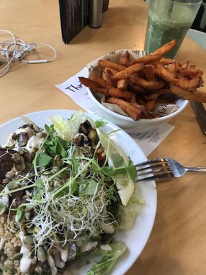 Amazing healthy bowl - sweet potato fries - and fresh super green smoothie - Yum! at Cafe Thrive in Southampton