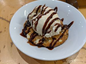 Warm cookie with ice cream and chocolate sauce at Cafe Thrive in Southampton