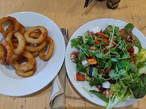 Sweet-Root Salad and onion rings at Cafe Thrive in Southampton