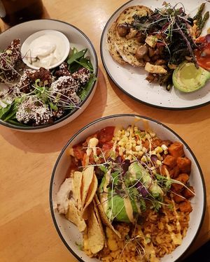 Burrito bowl, cauliflower wings and big breaky at Little Lucky Cafe in Bacchus Marsh