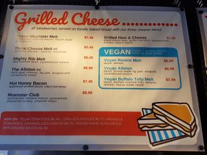 vegan menu is prominent! at Roxy's Grilled Cheese in Allston