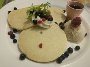 pancakes with extra ice cream topping  at Cafe Amrita in Tokyo