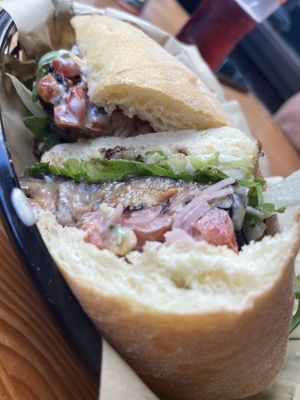 Aubergine burger with peanut sauce   at Dromos Food in Rhodes