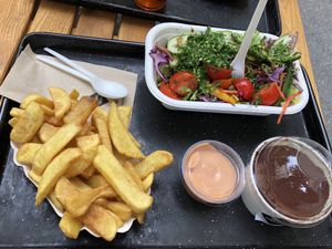 fries, garden salad, bbq sauce, best tiramisu ever at Swing Kitchen - Kaiserfeldgasse in Graz