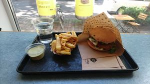 Vienna burger, french fries and Basilikum-Lemon dip. Free water. at Swing Kitchen - Kaiserfeldgasse in Graz