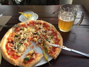 Mexican pizza with vegan cheese and pickled peppers at Pizzeria Gallus in Bled