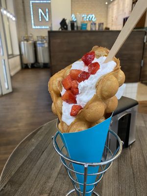 Waffles with whipped cream, strawberries and peanut butter   at N'Ice Cream Factory in Wroclaw