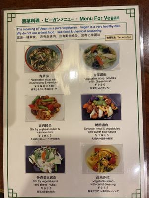 Vegan menu. English on one side. Japanese on the other   at China Dining Hiten in Nara