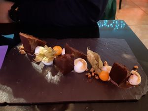Brownie and meringue dessert at Veginity in Dublin