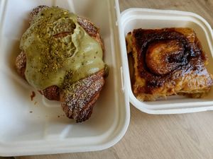 Pistachio croissant and cinnamon swirl, delicious at Veginity in Dublin