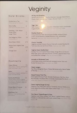 Menu at Veginity in Dublin