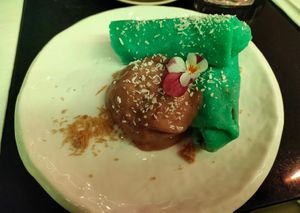 Dadar Gulung with tamarind icecream at Veginity in Dublin