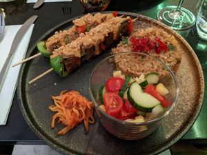 Gado Gado with Marinated Tempeh Skewers, Satay Sauce and Roasted Peanuts, ‘Egg’ fried Rice, Mango Rujak and Melon Salad at Veginity in Dublin