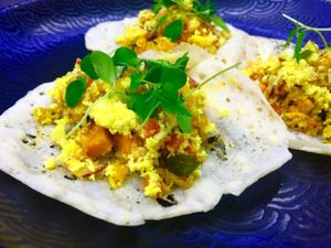 Sweet Potato and Fennel Dosa with fresh Coconut  and Tomato  Sambol at Veginity in Dublin
