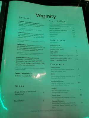 Menu at Veginity in Dublin