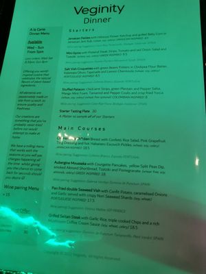 Menu at Veginity in Dublin