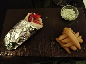 Mini Gyros with Pretend Steak Strips, Tomato and red Onion Salad and Tzatziki at Veginity in Dublin