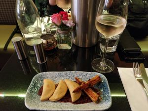 Jamaican Patties with Hibiscus Flower Ketchup and grilled Baby Corn in Jamaican Jerk Rub at Veginity in Dublin