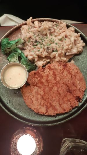 Schnitzel with bechemel sauce and pasta at Veginity in Dublin