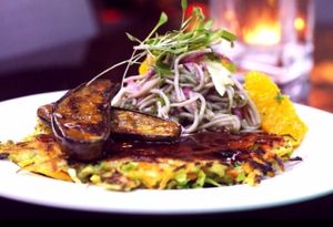 Okonomiyaki with red Miso glazed Eggplant and Fennel-Orange  Soba Noodle Salad  at Veginity in Dublin
