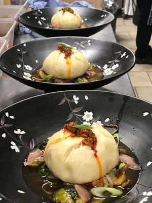 Portobello Mushroom and ginger Bao with Kung Paw Brussel sprouts and 
kimchi broth at Veginity in Dublin