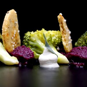 Smoked Broccoli with cashew blue cheese, red cabbage purée and seeded 
lavosh cracker at Veginity in Dublin