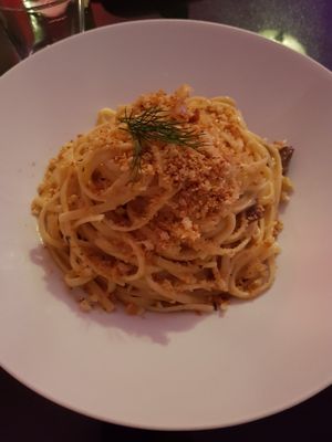 Fettucini carbonara w tofu bacon at Veginity in Dublin