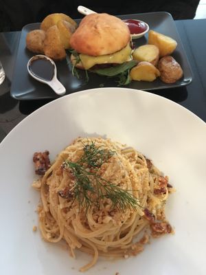 Fettuccine carbonara with smoked tofu and Veginity burger with potatoes and gravy at Veginity in Dublin