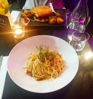 Carbonara and burger at Veginity in Dublin