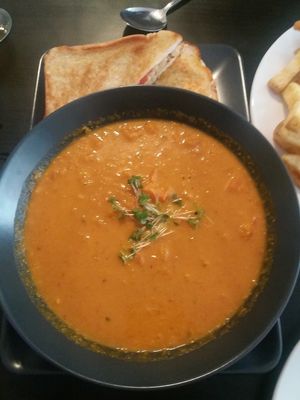 Carrot and roasted pepper soup and cheese tomato toasty at Veginity in Dublin