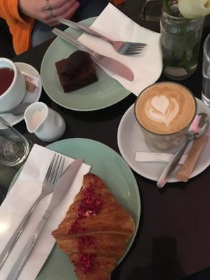Lemon raspberry croissant, chocolate brownie and oat milk latte at Veginity in Dublin