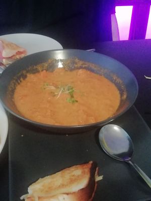 Soup of the day with a vegan cheese and tomato toastie at Veginity in Dublin