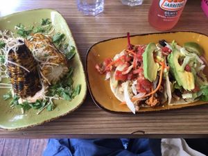 Tofu asada tacos, and grilled corn at Trippy Taco in Fitzroy