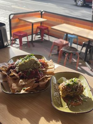 Nachos (large plate) and Elote (small plate)  at Trippy Taco in Fitzroy