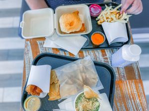 Hot chicky sandwich, tenders, spinach artichoke dip & air baked fries! at Beatnic - Providence in Providence