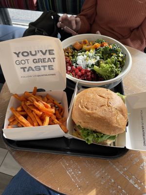 Guac burger, golden greens, s. potato fries   at Beatnic - Providence in Providence