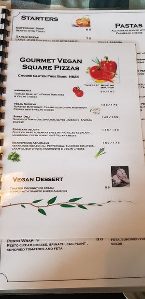 Vegan menu at Bits 'n Pizzas in Swakopmund
