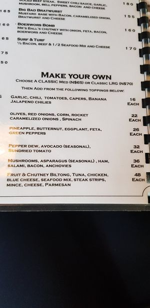 Options to make your own at Bits 'n Pizzas in Swakopmund