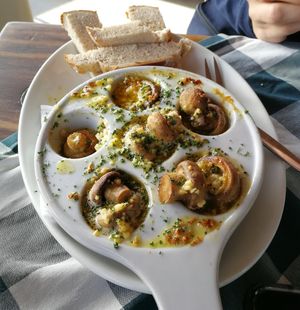 Mushrooms "snail" - style. Delicious! at Bits 'n Pizzas in Swakopmund