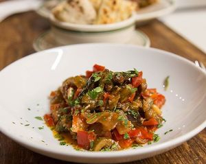 Caponata ???~ bell peppers, eggplant, raisins, pine-nuts, olives, onion, celery, carrots at Lucia's in Berkeley