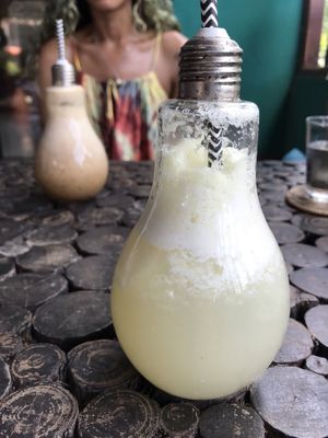 Ginger, lime and coconut water shake. The other one is the coffee and banana shake.  at Kaya Caffe in Koh Lanta