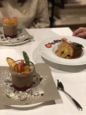 Dark chocolate mousse with raspberry coulis and candied orange - Vegan/GlutenFree

Carrot and almond cake with mixed nuts - Vegan at La Piazzetta in Verona