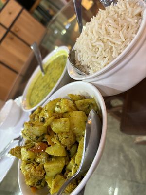 Dal fry, aloo gobi, steamed rice   at Sheroes Hangout in Agra