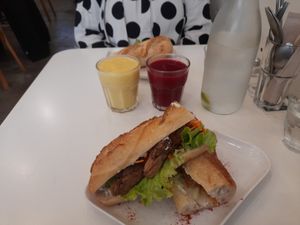 Baguette of the day, smoothie and juice. at Comptoir Veggie in Paris