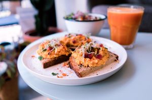 Carrot hummus tartine. at Comptoir Veggie in Paris