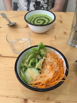 Small salad and cold soup at Comptoir Veggie in Paris